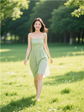 春天绿色草地吊带裙美女写真图片